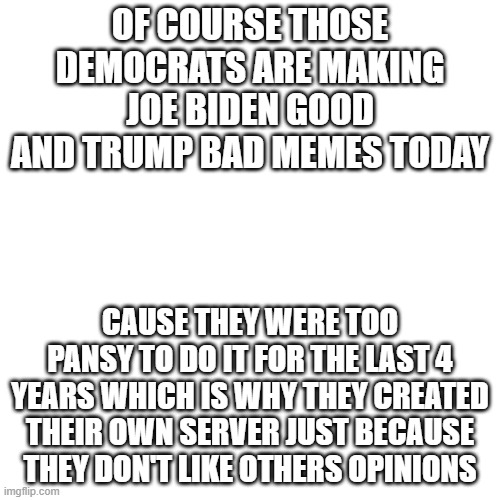 Only makes sense | OF COURSE THOSE DEMOCRATS ARE MAKING JOE BIDEN GOOD AND TRUMP BAD MEMES TODAY; CAUSE THEY WERE TOO PANSY TO DO IT FOR THE LAST 4 YEARS WHICH IS WHY THEY CREATED THEIR OWN SERVER JUST BECAUSE THEY DON'T LIKE OTHERS OPINIONS | image tagged in memes,blank transparent square | made w/ Imgflip meme maker