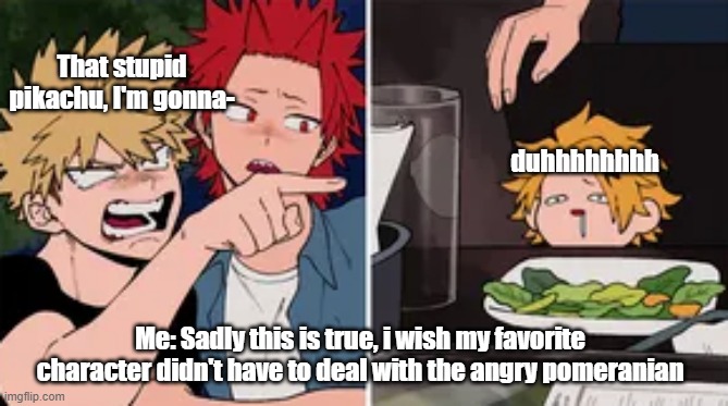 Sadly true | That stupid pikachu, I'm gonna-; duhhhhhhhh; Me: Sadly this is true, i wish my favorite character didn't have to deal with the angry pomeranian | image tagged in bakugo yelling at denki | made w/ Imgflip meme maker