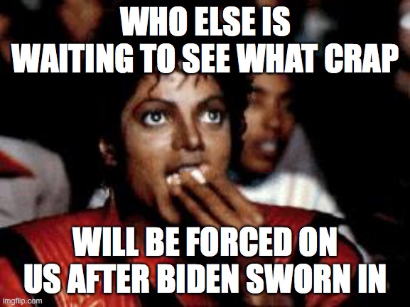 biden | WHO ELSE IS WAITING TO SEE WHAT CRAP; WILL BE FORCED ON US AFTER BIDEN SWORN IN | image tagged in michael jackson eating popcorn | made w/ Imgflip meme maker
