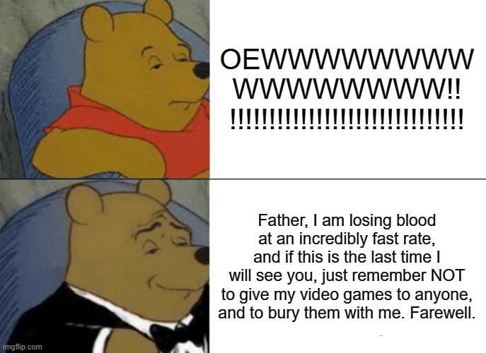 Farewell, Father | OEWWWWWWWW
WWWWWWWW!!
!!!!!!!!!!!!!!!!!!!!!!!!!!!!!! Father, I am losing blood at an incredibly fast rate, and if this is the last time I will see you, just remember NOT to give my video games to anyone, and to bury them with me. Farewell. | image tagged in memes,tuxedo winnie the pooh | made w/ Imgflip meme maker