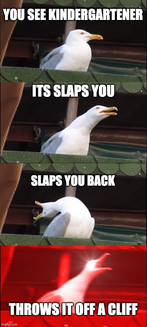 Inhaling Seagull | YOU SEE KINDERGARTENER; ITS SLAPS YOU; SLAPS YOU BACK; THROWS IT OFF A CLIFF | image tagged in memes,inhaling seagull | made w/ Imgflip meme maker