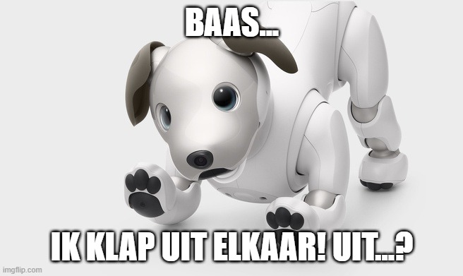 Aibo Avondklok Nederland | BAAS... IK KLAP UIT ELKAAR! UIT...? | image tagged in coronavirus,avondklok,nederland,aibo | made w/ Imgflip meme maker