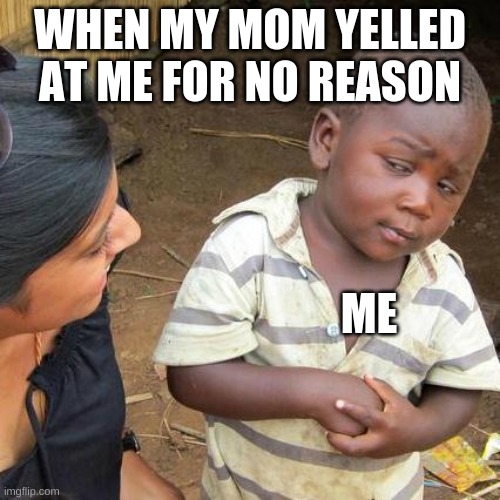 Third World Skeptical Kid | WHEN MY MOM YELLED AT ME FOR NO REASON; ME | image tagged in memes,third world skeptical kid | made w/ Imgflip meme maker