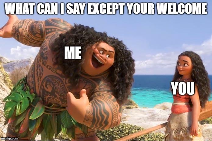 Moana Maui You're Welcome | WHAT CAN I SAY EXCEPT YOUR WELCOME ME YOU | image tagged in moana maui you're welcome | made w/ Imgflip meme maker