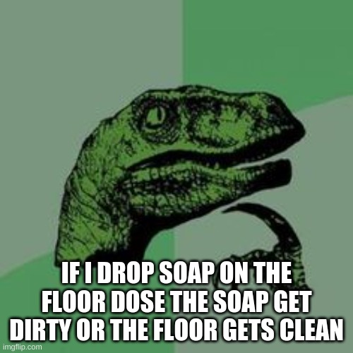 Time raptor  | IF I DROP SOAP ON THE FLOOR DOES THE SOAP GET DIRTY OR THE FLOOR GETS CLEAN | image tagged in time raptor | made w/ Imgflip meme maker