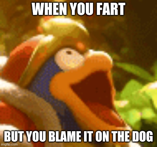 I blame it on the dog | WHEN YOU FART; BUT YOU BLAME IT ON THE DOG | image tagged in king dedede,dog,fart | made w/ Imgflip meme maker
