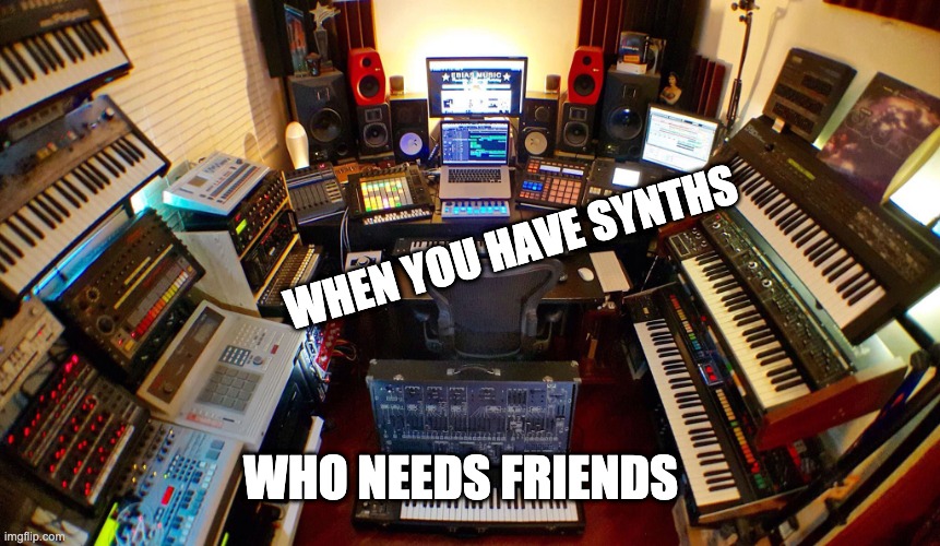 Who Needs Friends when Synths are there | WHEN YOU HAVE SYNTHS; WHO NEEDS FRIENDS | image tagged in music producer memes,synthersizer memes | made w/ Imgflip meme maker