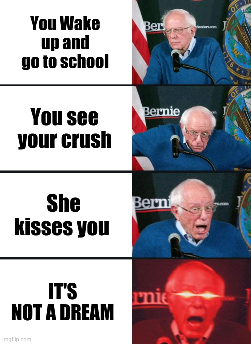 Bernie Sanders reaction (nuked) | You Wake up and go to school; You see your crush; She kisses you; IT'S NOT A DREAM | image tagged in bernie sanders reaction nuked | made w/ Imgflip meme maker