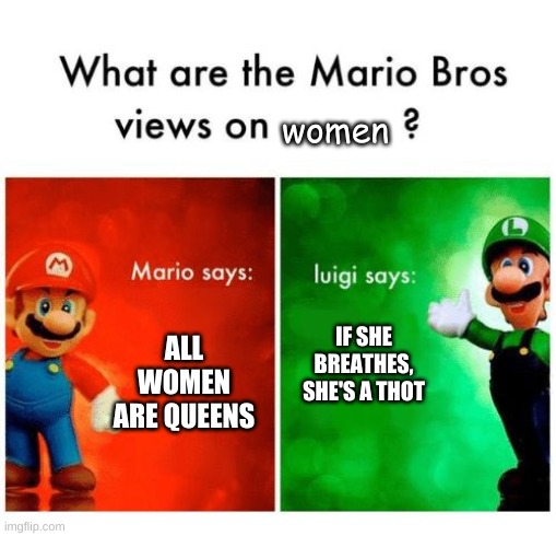 what are the mario bros. views on women? | women; IF SHE BREATHES, SHE'S A THOT; ALL WOMEN ARE QUEENS | image tagged in mario says luigi says | made w/ Imgflip meme maker
