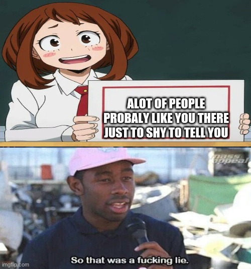 True story | ALOT OF PEOPLE PROBALY LIKE YOU THERE JUST TO SHY TO TELL YOU | image tagged in funny,uraraka blank paper,so that was a lie | made w/ Imgflip meme maker