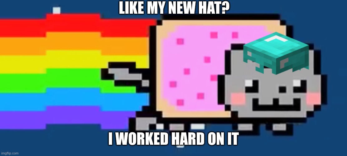 Nyan cat got a new cat | LIKE MY NEW HAT? I WORKED HARD ON IT | image tagged in minecraft,nyan cat,hat | made w/ Imgflip meme maker