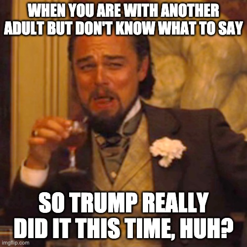So Trump Huh? | WHEN YOU ARE WITH ANOTHER ADULT BUT DON'T KNOW WHAT TO SAY; SO TRUMP REALLY DID IT THIS TIME, HUH? | image tagged in memes,laughing leo | made w/ Imgflip meme maker