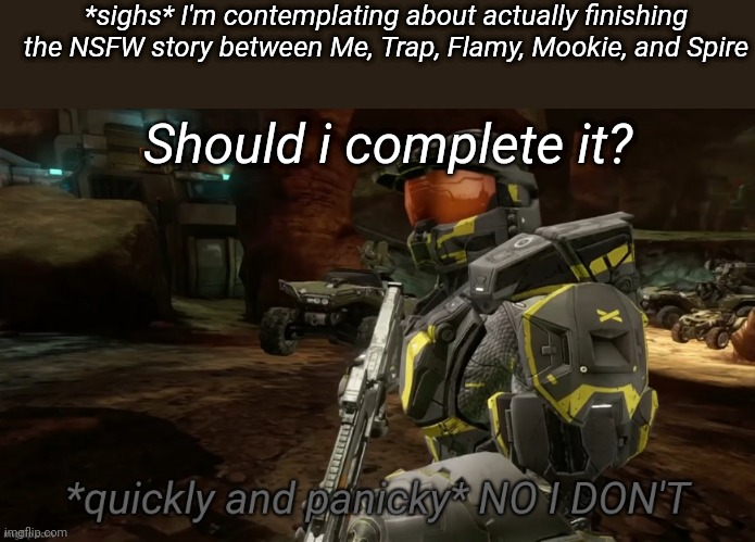 No I don't | *sighs* I'm contemplating about actually finishing the NSFW story between Me, Trap, Flamy, Mookie, and Spire; Should i complete it? | image tagged in no i don't | made w/ Imgflip meme maker