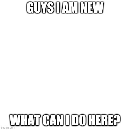 Blank Transparent Square | GUYS I AM NEW; WHAT CAN I DO HERE? | image tagged in memes,blank transparent square | made w/ Imgflip meme maker