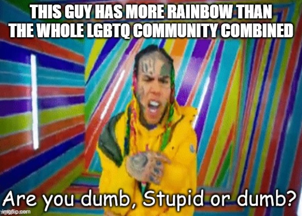 Are you dumb stupid or dumb? | THIS GUY HAS MORE RAINBOW THAN THE WHOLE LGBTQ COMMUNITY COMBINED | image tagged in are you dumb stupid or dumb | made w/ Imgflip meme maker