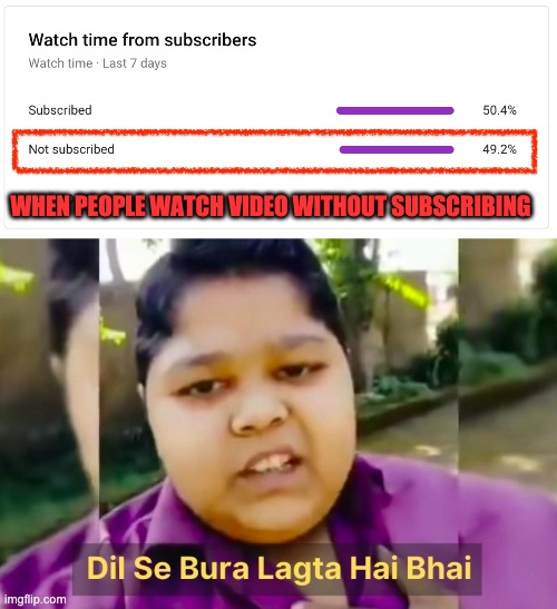 Dil se bura | WHEN PEOPLE WATCH VIDEO WITHOUT SUBSCRIBING | image tagged in dil se bura lagta hai bhai,youtube,youtuber,subscribe | made w/ Imgflip meme maker