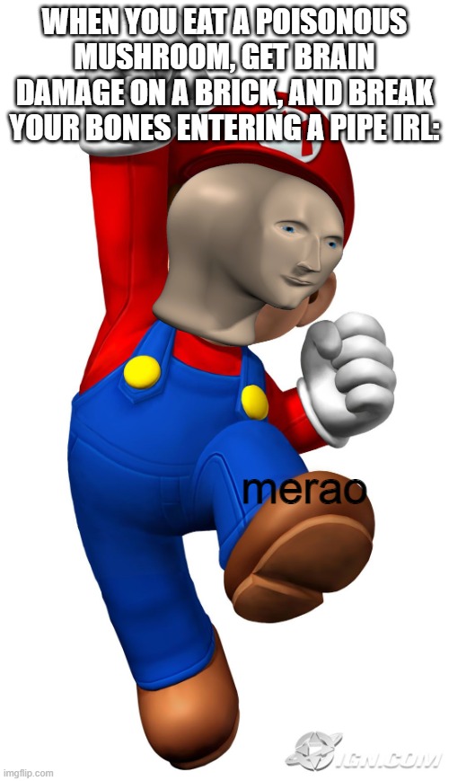 M E R A O | WHEN YOU EAT A POISONOUS MUSHROOM, GET BRAIN DAMAGE ON A BRICK, AND BREAK YOUR BONES ENTERING A PIPE IRL:; merao | image tagged in super mario,merao,memes,meme man | made w/ Imgflip meme maker