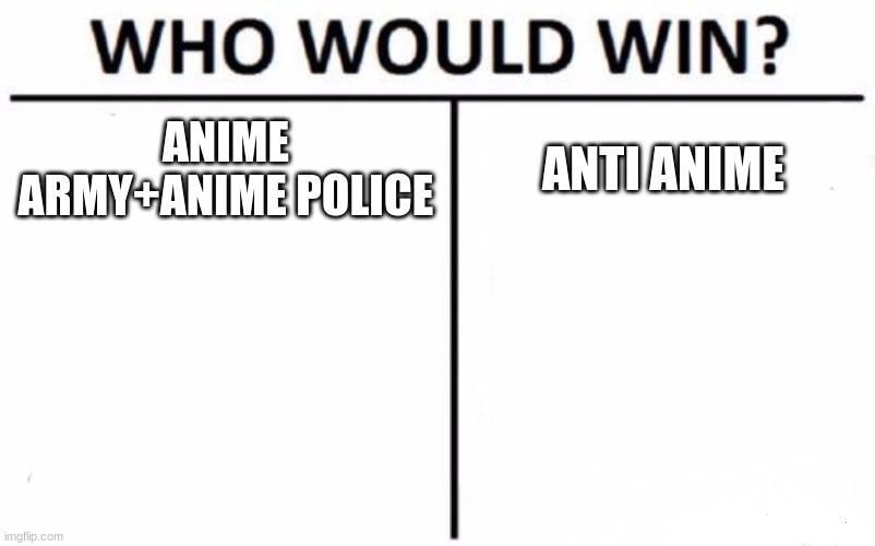 I think we all know the answer | ANIME ARMY+ANIME POLICE; ANTI ANIME | image tagged in memes,who would win | made w/ Imgflip meme maker