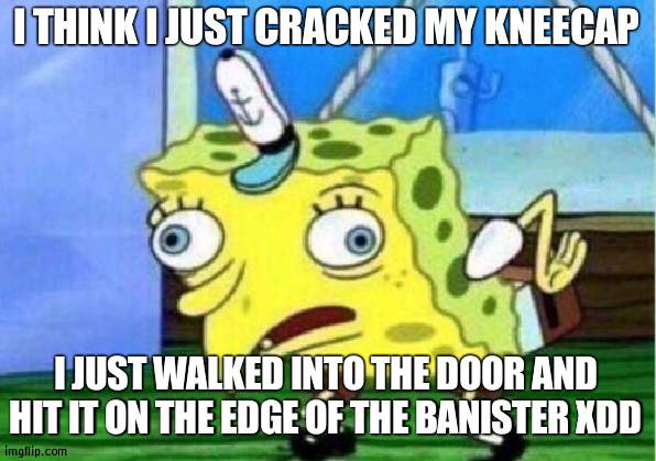 REEEEEEEEEEEEEE | I THINK I JUST CRACKED MY KNEECAP; I JUST WALKED INTO THE DOOR AND HIT IT ON THE EDGE OF THE BANISTER XDD | image tagged in memes,mocking spongebob | made w/ Imgflip meme maker