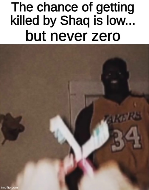 THE POWER OF THE TOOTHBRUSH REPELS YOU | The chance of getting killed by Shaq is low... but never zero | image tagged in blank white template,funny,memes,funny memes,toothbrush,shaq | made w/ Imgflip meme maker