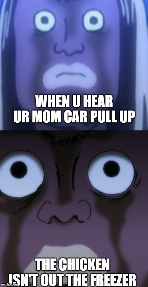 Mum jokes | WHEN U HEAR UR MOM CAR PULL UP; THE CHICKEN ISN'T OUT THE FREEZER | image tagged in big eye | made w/ Imgflip meme maker