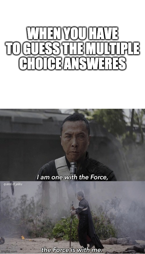 WHEN YOU HAVE TO GUESS THE MULTIPLE CHOICE ANSWERES | image tagged in blank white template,i am one with the force the force is with me | made w/ Imgflip meme maker