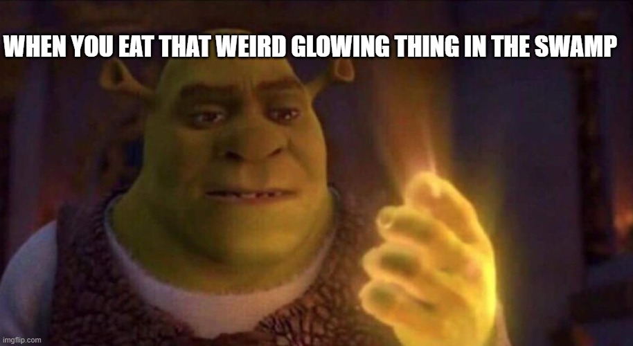 Shrek Glowing Hand | WHEN YOU EAT THAT WEIRD GLOWING THING IN THE SWAMP | image tagged in shrek glowing hand | made w/ Imgflip meme maker