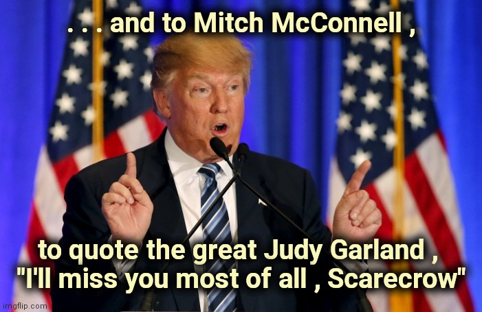 I think we can all agree , Mitch is a B*tch ! | . . . and to Mitch McConnell , to quote the great Judy Garland , 
"I'll miss you most of all , Scarecrow" | image tagged in trump speech,politicians suck,flip flop,cowardly lion,the wizard of oz,well yes but actually no | made w/ Imgflip meme maker