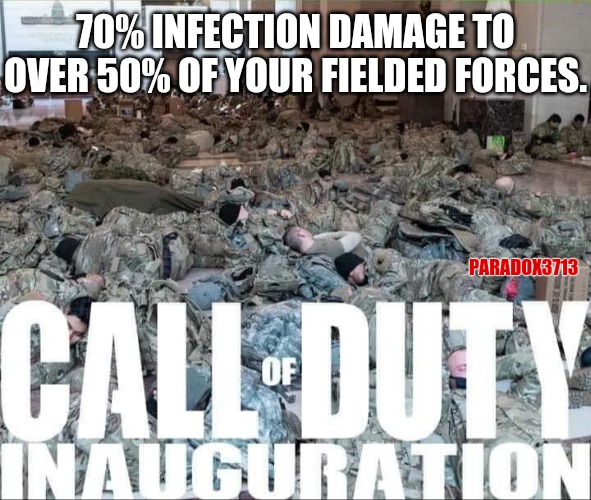 More than 70% of these Soldiers just got their Phase 1 Vaccination days ago.  None of them have received Phase 2. |  70% INFECTION DAMAGE TO OVER 50% OF YOUR FIELDED FORCES. PARADOX3713 | image tagged in memes,politics,call of duty,joe biden,president trump,coronavirus | made w/ Imgflip meme maker