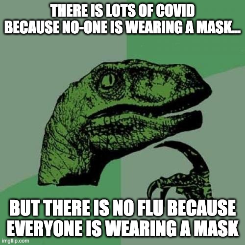 LL- Liberal Logic | THERE IS LOTS OF COVID BECAUSE NO-ONE IS WEARING A MASK... BUT THERE IS NO FLU BECAUSE EVERYONE IS WEARING A MASK | image tagged in memes,philosoraptor | made w/ Imgflip meme maker