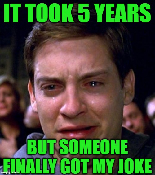 crying peter parker | IT TOOK 5 YEARS BUT SOMEONE FINALLY GOT MY JOKE | image tagged in crying peter parker | made w/ Imgflip meme maker