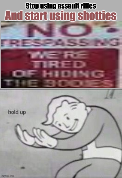 im even more bored | Stop using assault rifles; And start using shotties | image tagged in fallout hold up | made w/ Imgflip meme maker