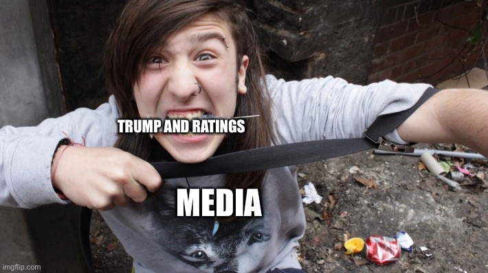 Media Trump Addiction Syndrome | TRUMP AND RATINGS; MEDIA | image tagged in sad sad junky,donald trump,social media,media | made w/ Imgflip meme maker