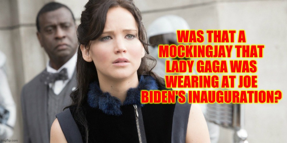 Happy Hunger Games, and may the odds be ever in your favor! | WAS THAT A MOCKINGJAY THAT LADY GAGA WAS WEARING AT JOE BIDEN'S INAUGURATION? | image tagged in katniss everdeen squint,memes,lady gaga,hunger games,inauguration day,joe biden | made w/ Imgflip meme maker