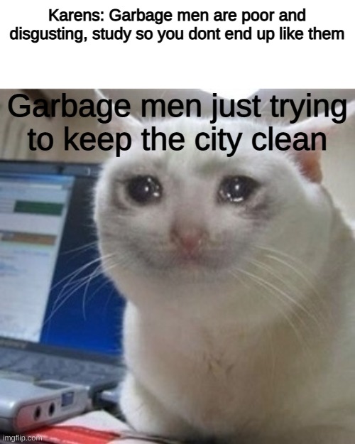 =( | Karens: Garbage men are poor and disgusting, study so you dont end up like them; Garbage men just trying to keep the city clean | image tagged in crying cat,garbage,funny memes | made w/ Imgflip meme maker