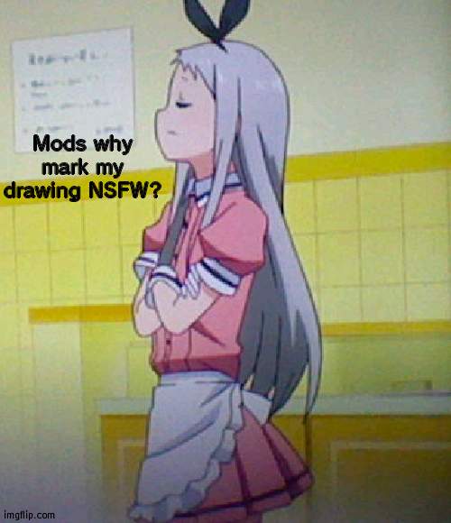 Why? | Mods why mark my drawing NSFW? | image tagged in hideri is not impressed | made w/ Imgflip meme maker