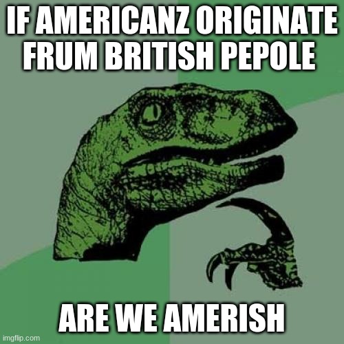 hm | IF AMERICANZ ORIGINATE FRUM BRITISH PEPOLE; ARE WE AMERISH | image tagged in memes,philosoraptor | made w/ Imgflip meme maker