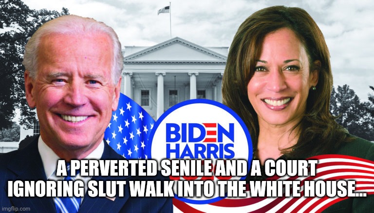 Won't be having as much jobs or places to walk into eventually. No joke. | A PERVERTED SENILE AND A COURT IGNORING SLUT WALK INTO THE WHITE HOUSE... | image tagged in joe biden/kamala harris 2020,stupid liberals,liberal hypocrisy,election 2020 | made w/ Imgflip meme maker
