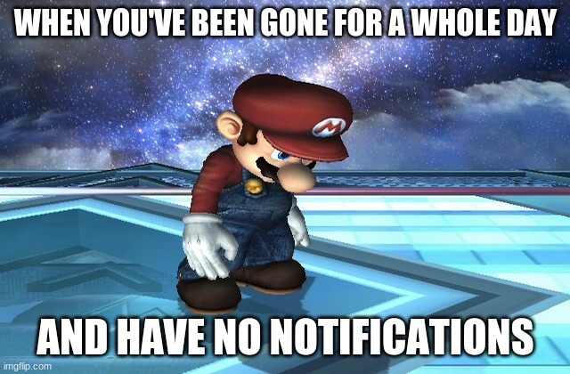 *Sad Plumber Noises* | WHEN YOU'VE BEEN GONE FOR A WHOLE DAY; AND HAVE NO NOTIFICATIONS | image tagged in sad mario | made w/ Imgflip meme maker