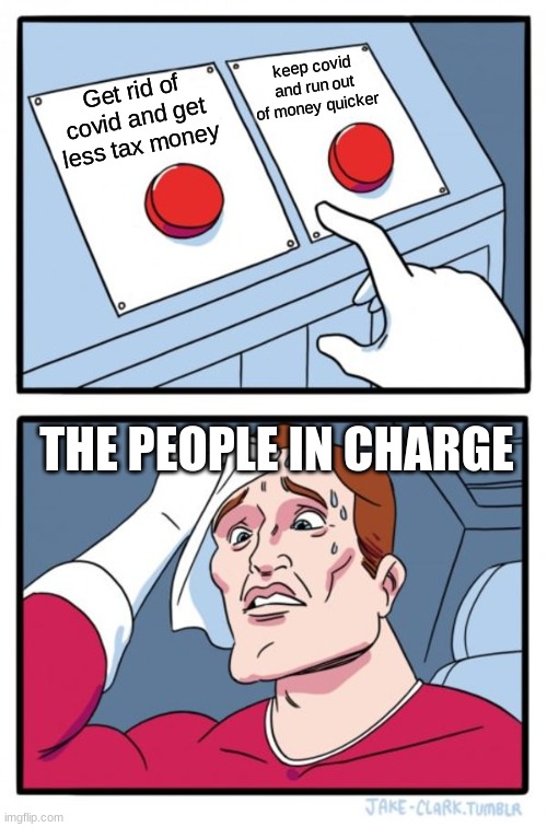 Two Buttons Meme | keep covid and run out of money quicker; Get rid of covid and get less tax money; THE PEOPLE IN CHARGE | image tagged in memes,two buttons | made w/ Imgflip meme maker