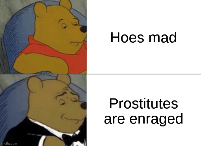 Tuxedo Winnie The Pooh Meme | Hoes mad; Prostitutes are enraged | image tagged in memes,tuxedo winnie the pooh | made w/ Imgflip meme maker