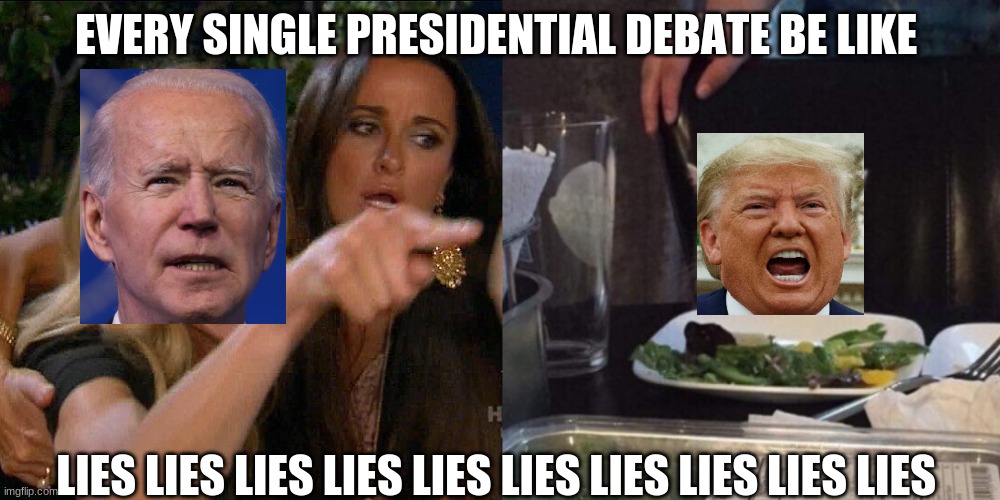 Woman yelling at cat | EVERY SINGLE PRESIDENTIAL DEBATE BE LIKE; LIES LIES LIES LIES LIES LIES LIES LIES LIES LIES | image tagged in woman yelling at cat | made w/ Imgflip meme maker