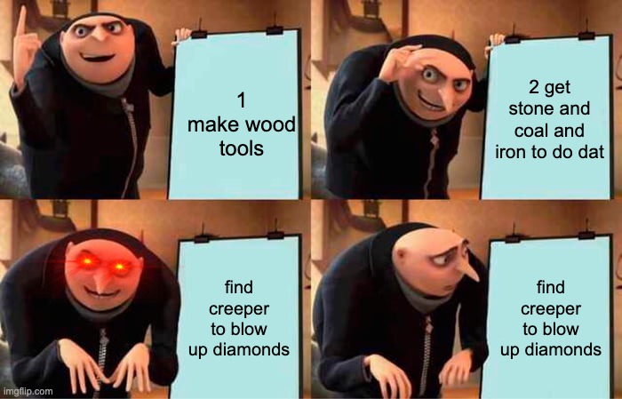 Gru's Plan | 2 get stone and coal and iron to do dat; 1 make wood tools; find creeper to blow up diamonds; find creeper to blow up diamonds | image tagged in memes,gru's plan | made w/ Imgflip meme maker