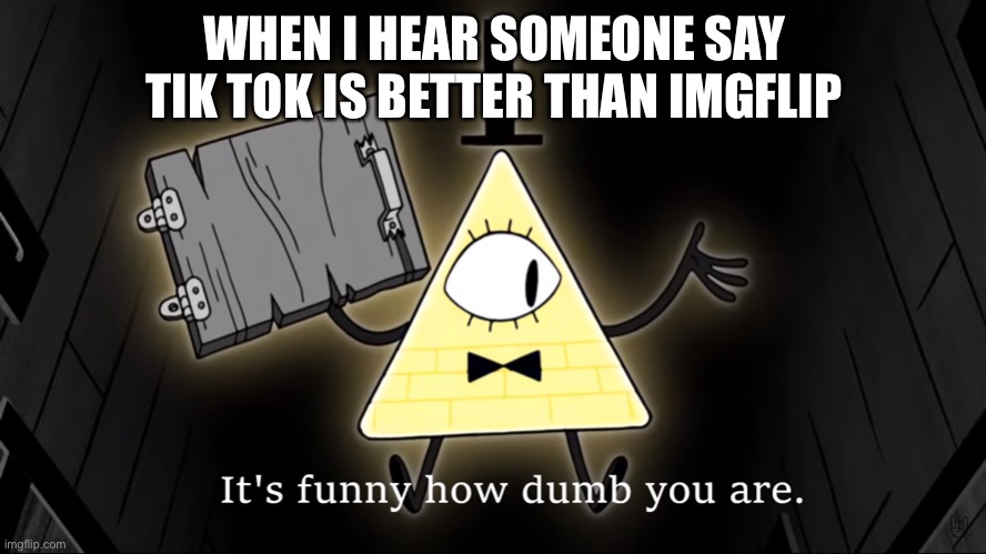 It's Funny How Dumb You Are Bill Cipher | WHEN I HEAR SOMEONE SAY TIK TOK IS BETTER THAN IMGFLIP | image tagged in it's funny how dumb you are bill cipher | made w/ Imgflip meme maker