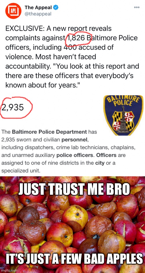 I PROMISE you bro that 99.999% of cops are actually good bro just trust me bro | JUST TRUST ME BRO; IT’S JUST A FEW BAD APPLES | image tagged in bad apples,blm,few bad apples,systemic racism,acab | made w/ Imgflip meme maker