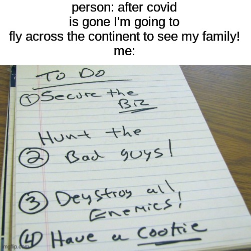 My plans after covid | person: after covid is gone I'm going to fly across the continent to see my family!
me: | image tagged in meme,funny,plans,covid-19 | made w/ Imgflip meme maker