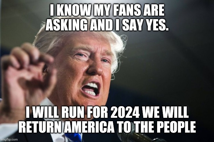 Trump 2024 | I KNOW MY FANS ARE ASKING AND I SAY YES. I WILL RUN FOR 2024 WE WILL RETURN AMERICA TO THE PEOPLE | image tagged in donald trump,trump 2024,real honest opinion,what needs to happen | made w/ Imgflip meme maker