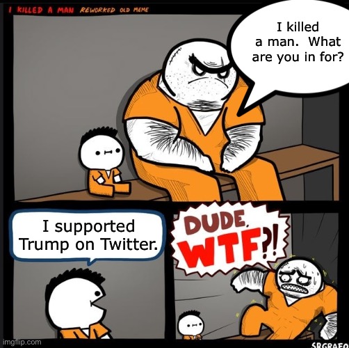 When you support Trump on Twitter | I killed a man.  What are you in for? I supported Trump on Twitter. | image tagged in srgrafo dude wtf,funny,memed,trump,twitter | made w/ Imgflip meme maker