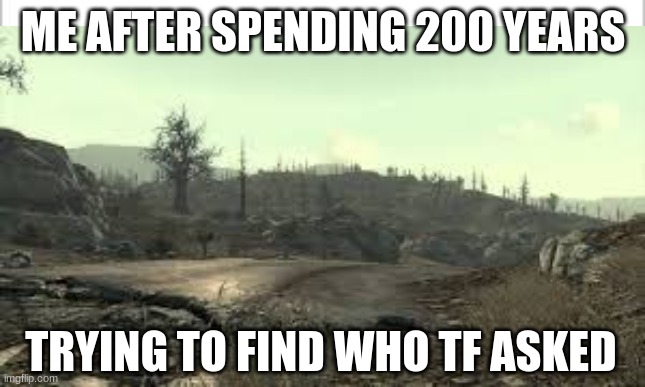 200 years later... | ME AFTER SPENDING 200 YEARS; TRYING TO FIND WHO TF ASKED | image tagged in fallout 3,who tf asked | made w/ Imgflip meme maker
