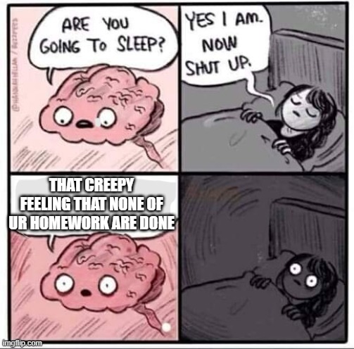 My whole online school expirience | THAT CREEPY FEELING THAT NONE OF UR HOMEWORK ARE DONE | image tagged in are you going to sleep | made w/ Imgflip meme maker